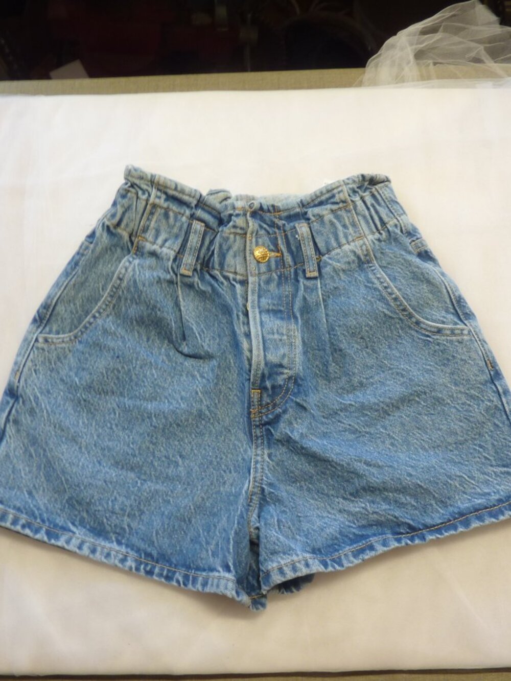 ZARA Paperbag Denim Shorts Blue Women's High Rise Elastic Waist Pockets Size 0